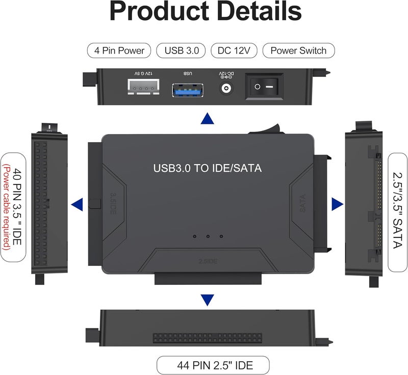 VoroDcip قارئ القرص الصلب USB 3.0 و Type C إلى محول SATA IDE، مجموعة استرداد بيانات داخلية مع طاقة 12V/2A لقرص HDD SSD الداخلي بحجم 2.5"/3.5"، محرك Blu-ray داخلي، بسعة تصل إلى 20TB - Image 5